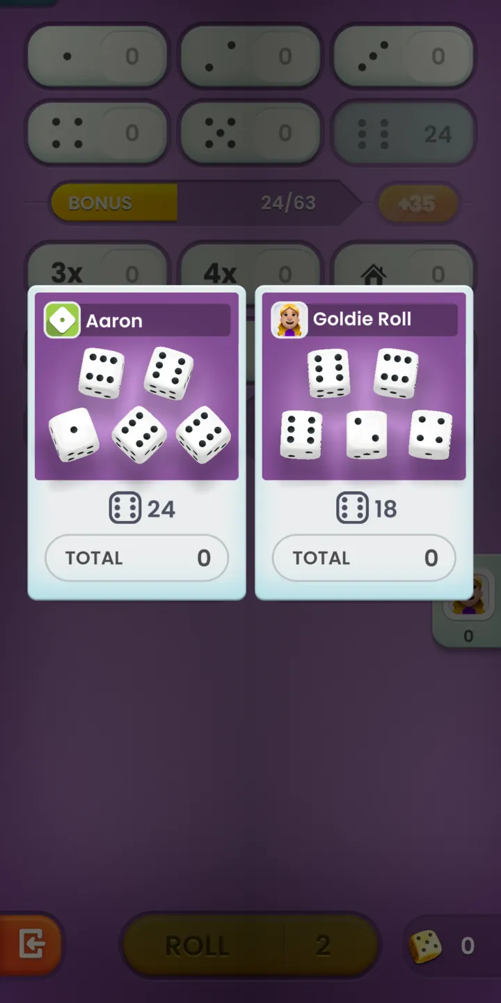A duel in progress: both players' dice and scores side by side.