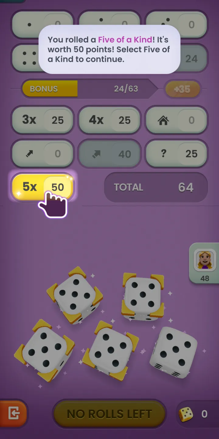 Scoring a Five of a Kind: the scorecard, five matching dice and a 50-point hint.