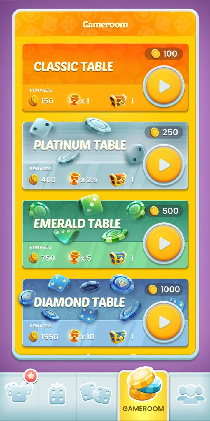 The Gameroom: Classic, Platinum, Emerald and Diamond tables, with coin prizes and chests.